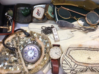 Lot 652 - Silver half hunter pocket watch, silver ingot pendant on chain, vintage beaded purses, gloves, and sundry items