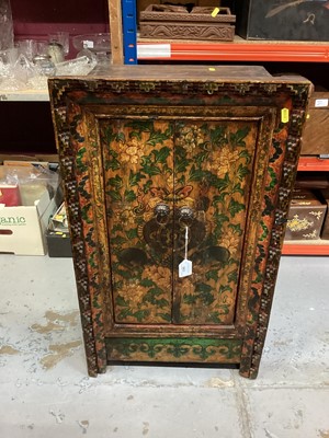 Lot 863 - Old Chinese polychrome painted cupboard with painted animal and floral decoration, two doors enclosing shelf 78 cm high, 45 cm wide, 30 cm deep