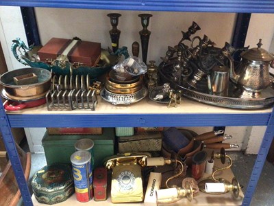 Lot 318 - Group metal and plated ware including cutlery, candlesticks, toast racks, tea ware, old tins, pipes in pipe rack and sundries