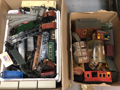 Lot 316 - Quantity of railway including carriages, buildings and tracks, plus box of Airfix tanks etc