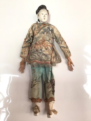 Lot 319 - Antique Japanese doll with plaster head, wooden limbs and embroidered clothing