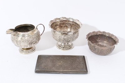 Lot 293 - Selection of Indian silver cigarette case, sugar bowl and cream jug and another bowl