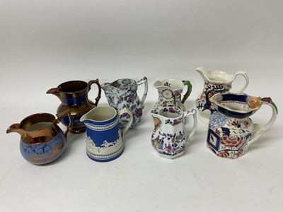 Lot 469 - Collection of eight antique Ironstone pottery and porcelain jugs to include Mason's type, Gaudy Welsh, copper lustre etc (8)