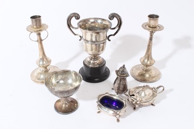 Lot 378 - Pair of Art Nouveau candlesticks, trophy cup, other small silver items