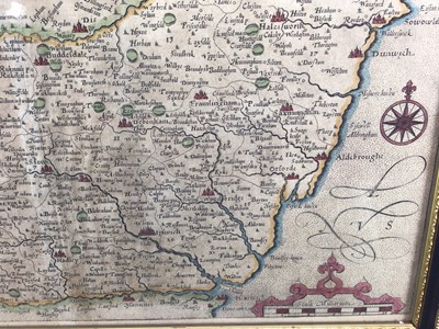 Lot 157 - Christopher Saxton: 17th century hand tinted engraved map of Suffolk together with 19th century map of Suffolk