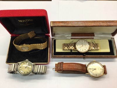 Lot 685 - Smiths 9ct gold cased wristwatch in case, Mappin 9ct gold cased wristwatch and two other watches (4)