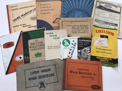 Lot 1446 - Box of 1930's and later advertising items, company sales catalogues for beds, chairs, cots, brass fittings, domestic ware, price lists etc.