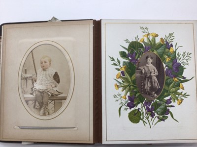 Lot 1447 - Victorian Wild Flower Illustrated Photograph Album Carte de Visites and Cabinet cards plus a box of mixed ephemera including Quen Victorian1887-8 Jubilee Year Souvenir, 1911 Empire Booklet, 1911 Sw...