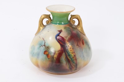 Lot 1242 - Royal Worcester vase, hand decorated with a Peacock, signed F. J. Dray