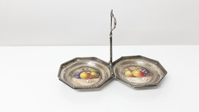 Lot 1243 - George V Solid silver dish set with two Royal Worcester hand decorated plaques with fruit decoration, (Birmingham 1912)