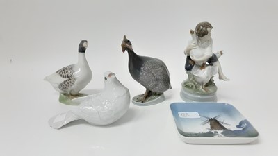 Lot 1323 - Five pieces of Royal Copenhagen including Guinea Fowl no. 1068, duck, dove, figure with geese and a dish