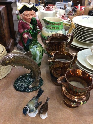 Lot 367 - Beswick Trout 1032, Crown Devon Widdicombe Fair musical jug, musical Toby jug, enamelled Victorian glass ewer, three copper lustre jugs and two Goebel pot...