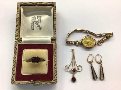 Lot 654 - Late Victorian 9ct gold garnet ring, Edwardian 9ct gold pendant, pair 9ct gold Art Deco drop earrings and 9ct gold cased wristwatch