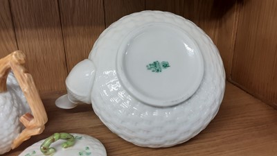 Lot 175 - Two Belleek basket weave teapots with Shamrock decoration and one other together with a selection of teaware
