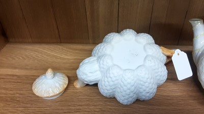 Lot 175 - Two Belleek basket weave teapots with Shamrock decoration and one other together with a selection of teaware