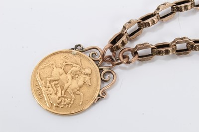 Lot 102 - Victorian 9ct gold watch chain with Edward VII gold full sovereign fob, 1903