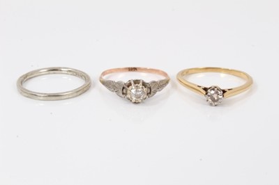 Lot 106 - Two 18ct gold diamond single stone rings and an 18ct white gold wedding ring