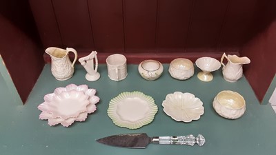 Lot 177 - Selection of Belleek and similar China, including jugs, Swan vases, dishes etc