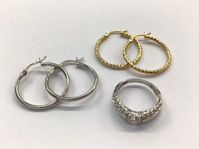 Lot 657 - Pair 18ct gold hoop earrings, pair 18th white gold hoop earrings and 14ct white gold synthetic white stone dress ring