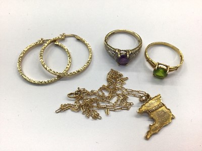 Lot 658 - 9ct gold gem set dress ring, yellow metal dress ring, pair gold hoop earrings (stamped 10k) and Trinidad gold pendant (stamped 10k) on yellow metal chain