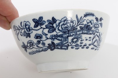Lot 139 - 18th century Lowestoft porcelain blue and white tea bowl and saucer with painted temple and landscape, together with a similar bowl with transfer printed fence pattern