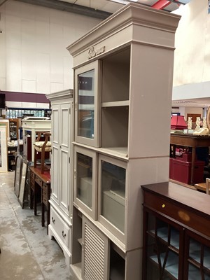 Lot 921 - Contempory painted three tier wall cabinet with sliding glazed and louvred doors