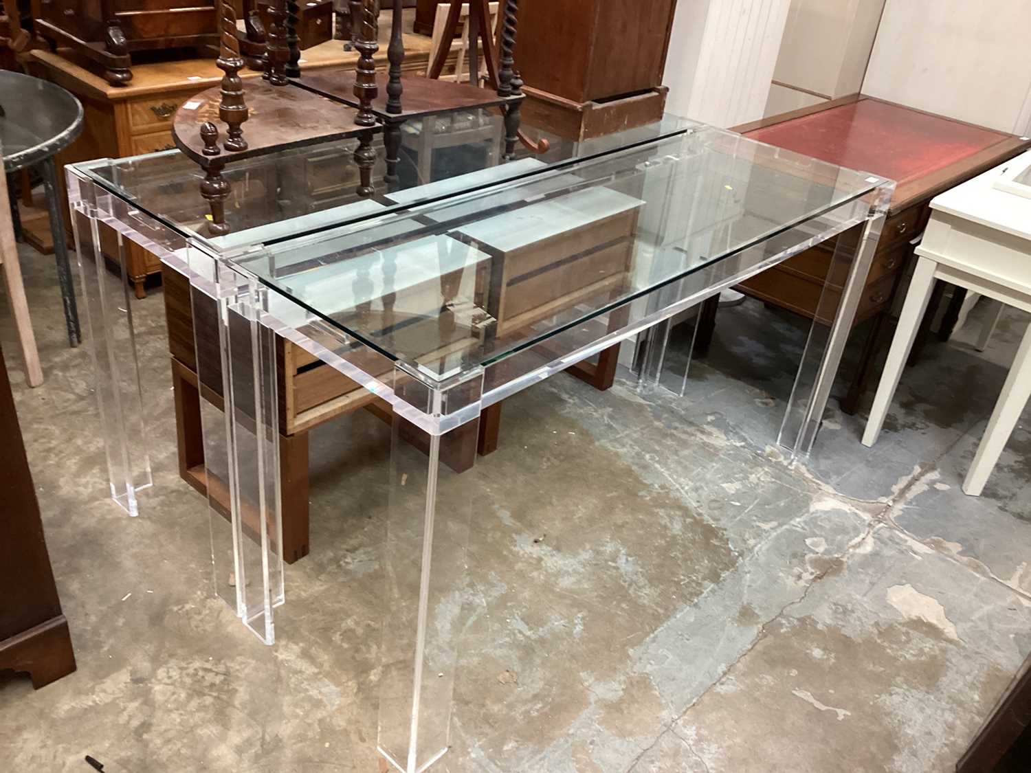 Lot 927 - Pair Contempory Perspex hall tables with bevelled corners 159 cm wide