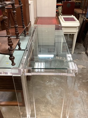 Lot 927 - Pair Contempory Perspex hall tables with bevelled corners 159 cm wide