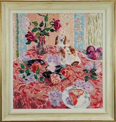 Lot 1164 - *Hugo Grenville (b.1958) oil on canvas - still life with ceramic Staffordshire spaniel, pomegranates, aubergines, fruit and flowers on a floral patterned tablecloth 'My Surrogate Friend'  initialle...