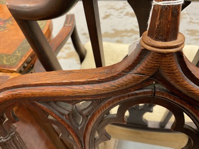 Lot 1428 - Regency Gothic oak elbow chair with drop-in seat, architectural elements, on 
multiple column front legs