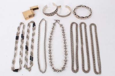 Lot 130 - Group of silver jewellery including chains, necklaces, a bracelet and two torque bangles, together with a gold plated Dupont lighter