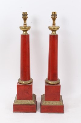 Lot 848 - Pair of Classical style gilt metal mounted red painted toleware column table lamps