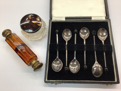 Lot 675 - Set six silver bean end coffee spoons, silver and tortoiseshell topped glass jar and amber glass double ended scent bottle