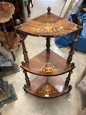 Lot 932 - Victorian inlaid walnut corner three tier whatnot, 100cm high