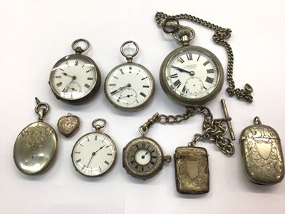 Lot 677 - Silver cased fob watch on silver chain with silver vesta fob, other pocket watches, plated vesta case and two lockets