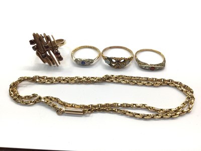 Lot 683 - 9ct gold garnet set dress ring, three antique gem set rings and 9ct gold chain