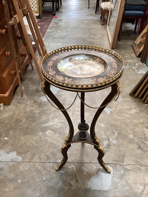 Lot 957 - Gilt metal mounted occasional table, the top inset with a plate depicting farm scene