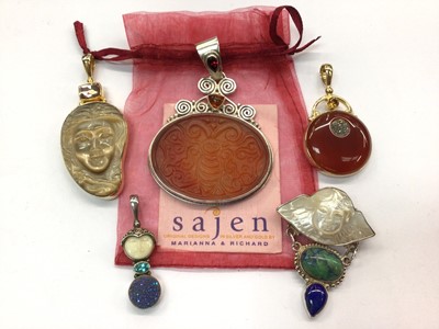 Lot 717 - Five Sajen silver and silver gilt pendants set with semi precious stones