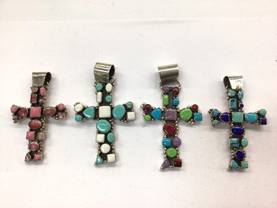 Lot 720 - Four silver (925) cross pendants set with various semi precious stones