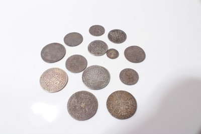 Lot 512 - G.B. - Mixed silver coinage to include James II Penny 1686 VF, William III Six Pence 1696 VG-AF, George I Shilling 1723 S.S.C. AF, George II Six Pences 1757 AF, 1758 x 2 F-AVF, Shillings 1745 Lima