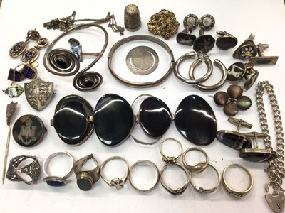 Lot 758 - Group silver and white metal jewellery including various rings, bracelet with padlock clasp, bangles, cufflinks, earrings etc