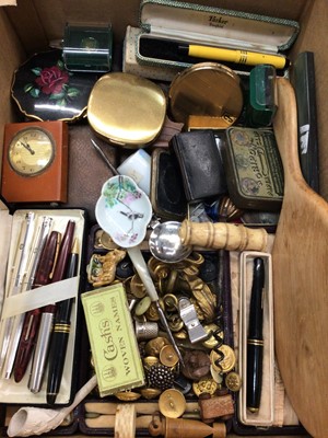 Lot 497 - Box various buttons, compacts, pens, corkscrew, travel clock and sundries