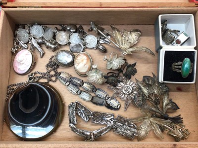 Lot 763 - Group silver and white metal jewllery including charm bracelet, rings, large agate pendant on chain, cameo brooches etc