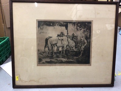 Lot 612 - Two framed etchings - one of horses drinking, indsintctly signed in pencil, the other a street scene