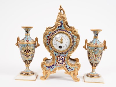 Lot 660 - Late 19th century small French  mantel clock with pair of garniture vases