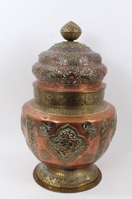 Lot 886 - Large antique Tibetan brass and copper vessel