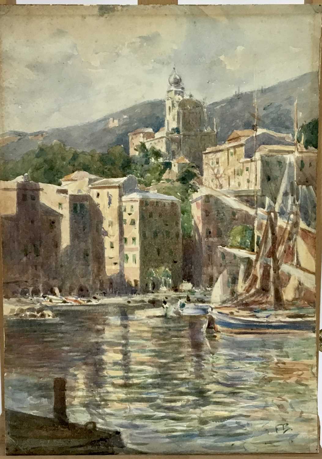 Lot 316 - Attributed to Frank Brangwyn watercolour - Continental harbour