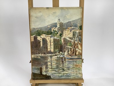 Lot 316 - Attributed to Frank Brangwyn watercolour - Continental harbour
