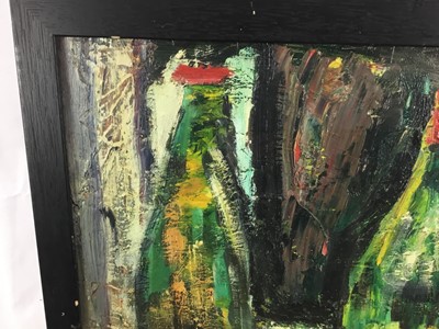Lot 101 - Follower of John Bratby oil on canvas sunflowers and wine bottles