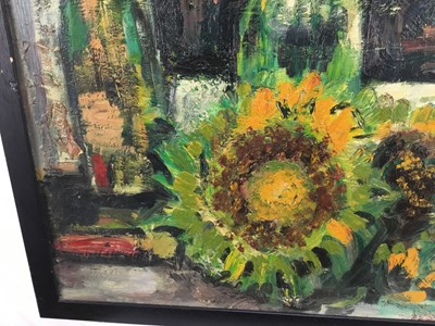 Lot 101 - Follower of John Bratby oil on canvas sunflowers and wine bottles